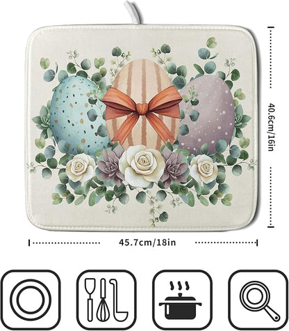 Happy Easter Eggs Dish Drying Mat 16x18 Inch Easter Day Eggs Flowers Dishes Pad Dish Drainer Rack Mats Absorbent Fast Dry Kitchen Accessories Spring Easter Holiday Drying Mat for Countertop Tableware