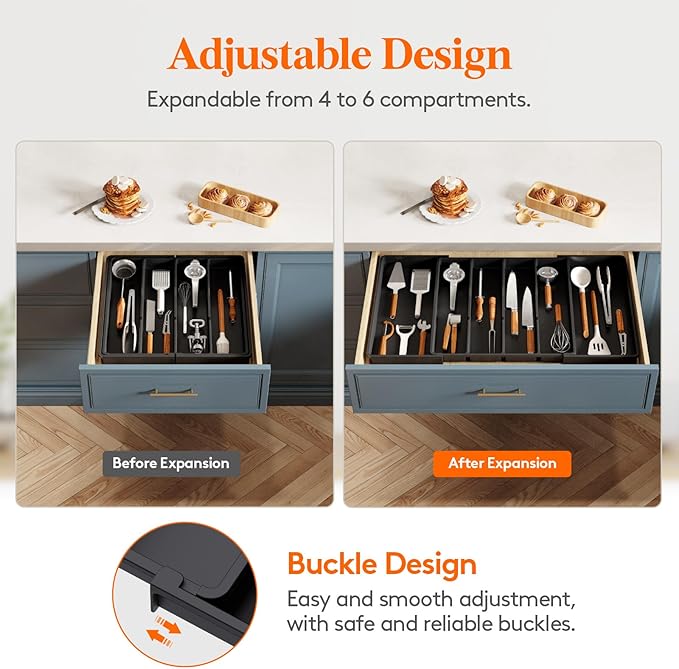Lifewit Utensil Organizer for Kitchen Drawers, Expandable Cooking Utensil Tray, Adjustable Cutlery Silverware Flatware Holder, Plastic Spatula Tools Storage Divider, 18- 30 x 18.5", Black - Image 5
