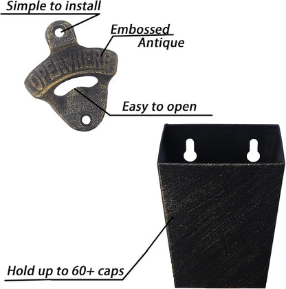Antique Bronze Cast Iron Bottle Opener Wall Mounted Beer Opener with Cap Catcher Narrow Bundle - Image 2