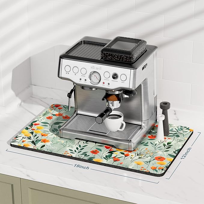 Rnivvi Coffee Mat, 12" x 19" Cute Coffee Bar Mats for Espresso Machine Station Accessories and Organizer, Hide Stain Rubber Backed Absorbent Dish Drying Pad for Kitchen Counter, Abstract Flowers - Image 2