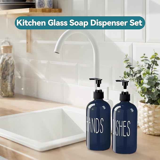 COHOSEGE Glass Soap Dispenser Set 2 Pack,16 Oz Dish Soap Dispenser for Kitchen Sink,Blue Kitchen Accessories and Kitchen Decor,Blue Decorations and Kitchen Utensils for Kitchen - Image 2