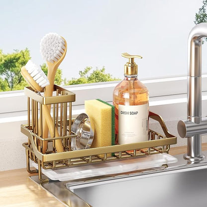 Consumest Sink Caddy, Kitchen Sponge Holder with Dish Brush Holder, Kitchen Sink Organizer with Drip Tray for Countertop, Stainless Steel Rustproof - Gold by Consumest