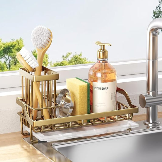 Consumest Sink Caddy, Kitchen Sponge Holder with Dish Brush Holder, Kitchen Sink Organizer with Drip Tray for Countertop, Stainless Steel Rustproof - Gold by Consumest