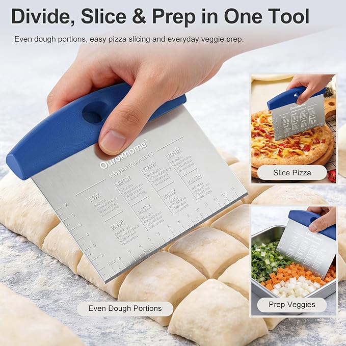 Ourokhome 2 Pack Bench Scraper Dough Cutter, Stainless Steel Dough Scraper with Laser-Etched Scale, Conversion Chart, Non-Slip Handle, Dishwasher Safe for Bread & Pastry, Blue - Image 4