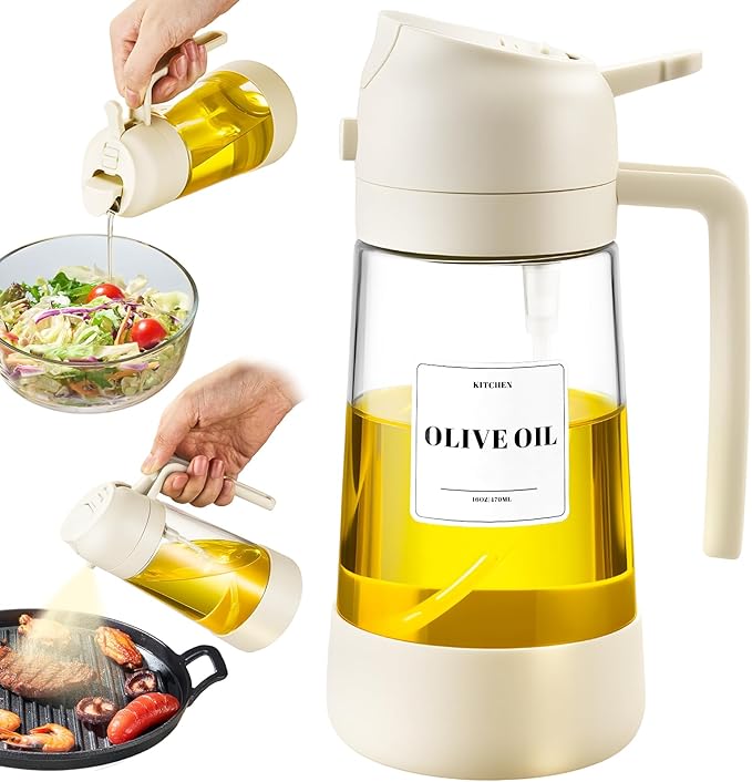 PARACITY Oil Dipenser Bottle with Silicone Bottom, 2 in 1 Olive Oil Sprayer and Dispenser, Oil Spray Bottle 500ML/ 17OZ for Cooking, Kitchen, BBQ, Air Fryer, Salad, Baking(1PC White) by PARACITY