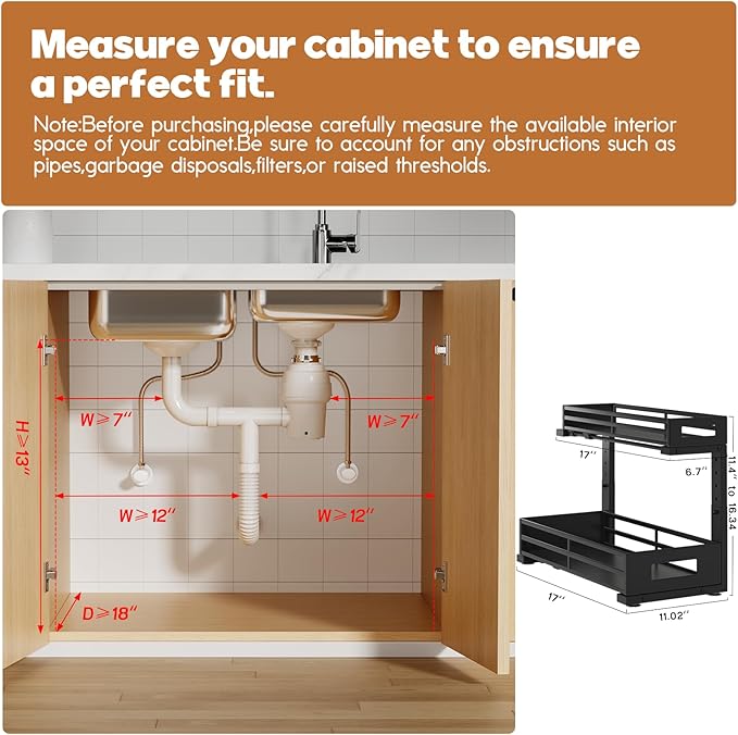 2-Pack 17"Deep Under Sink Organizer And Storage, 2-Tier L-Shaped Pull Out Cabinet Organizer with Upgraded Slide Rails, Height Adjustable Drawers for Kitchen&Bathroom, Extra-Large Storage Shelves–Black - Image 2