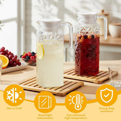 Didaey 4 Pcs Acrylic Water Pitcher with Lid, Spout Handle Clear Plastic Pitcher Heat Resistant Carafe Unbreakable Beverage Container Fridge Jug for Juice Ice Tea Sangria Lemonade(37 oz,Diamond)