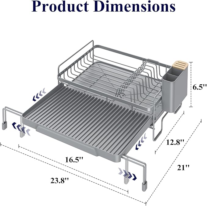 Kitsure Extendable Dish Drying Rack - Adjustable Length 12.8"–21.0", Auto-Draining Dish Rack for Kitchen Counter, Rust-Resistant Metal Frame Over-Sink Support for Plates, Bowls & Utensils, Grey - Image 2