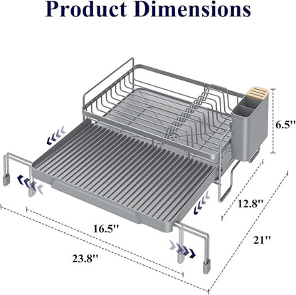 Kitsure Extendable Dish Drying Rack - Adjustable Length 12.8"–21.0", Auto-Draining Dish Rack for Kitchen Counter, Rust-Resistant Metal Frame Over-Sink Support for Plates, Bowls & Utensils, Grey - Image 2