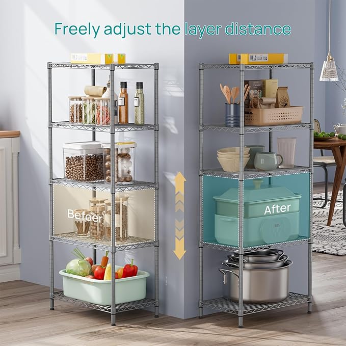 SINGAYE 5 Tier Storage Garage Shelving Units Heavy Duty Wire Shelves Pantry Metal for Pantry Closet Kitchen Laundry Bathroom Organizers Shelf Home Shorage Gray - Image 3