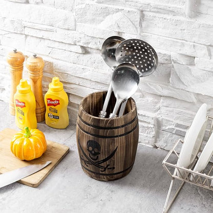 MyGift Rustic Burnt Wood Pirates Rum Cask Style Kitchen Utensil Crock, Vintage French Wine Barrel Cooking Tools Holder with Skull and Cutlass Sword Design - Image 4