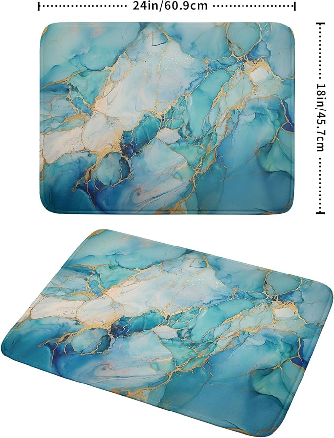 Marble Print Dish Drying Mat for Kitchen Counter,Blue Teal Turquoise Gold Drying Mat 18 x 24 Inch with Absorbent Reversible Microfiber Drying Pad for Coffee Bar - Image 2