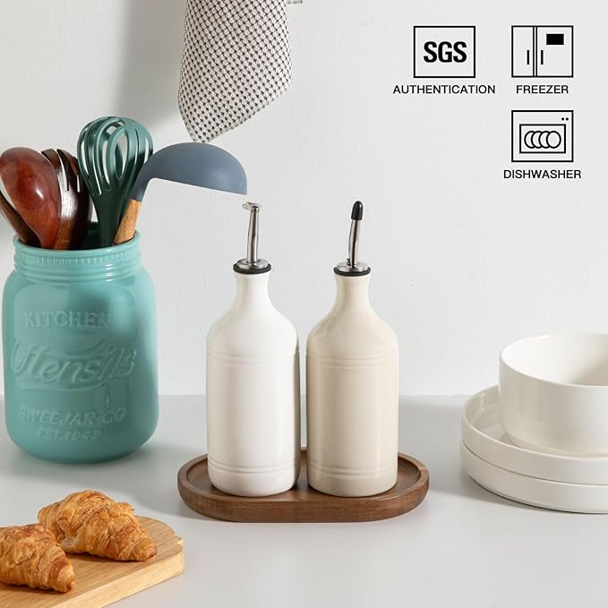 Sweejar Ceramic Olive Oil Dispenser Bottle Set, Opaque Oil Cruet Protects to Reduce Oxidation, Suitable For Storage Of Vinegar, Soy Sauce & Other Liquids,Pack of 2,15.5 Fl Oz（White Beige） - Image 5