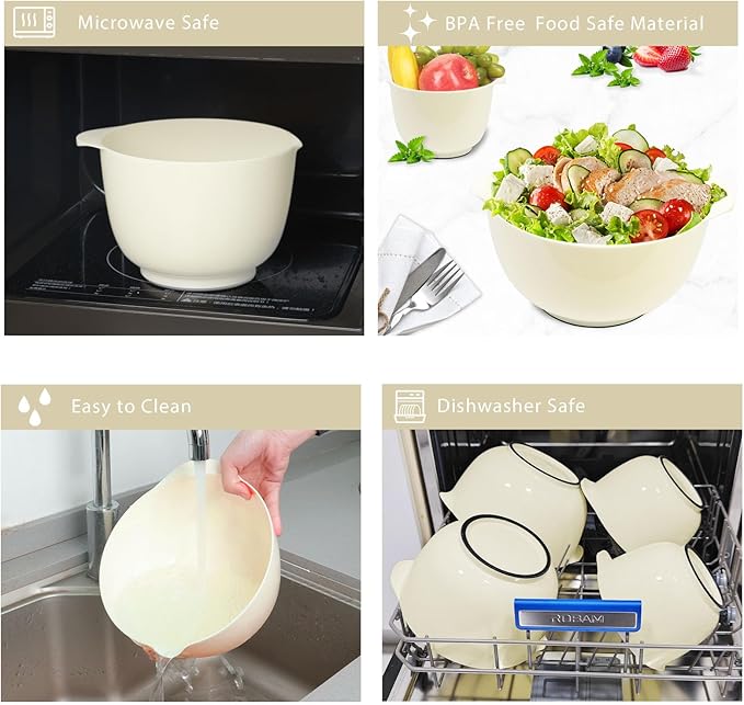 BoxedHome 4 Quart Large Plastic Mixing Bowls, Microwave Safe Mixing Bowl Set with Pour Spout, Nesting Bowls for Space Saving Storage(Beige) - Image 6