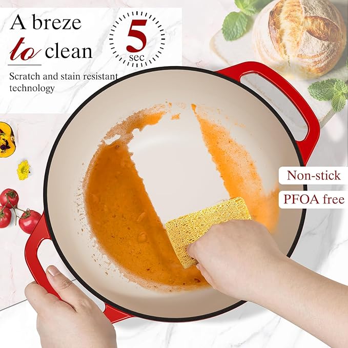 Umite Chef 6QT Enameled Cast Iron Dutch Oven with Lid, Versatile Heavy-Duty Cookware Pot for Baking Bread, Braising, Soups & Stews, Oven & Stovetop Safe with Heat Resistant Gloves（Red） - Image 8