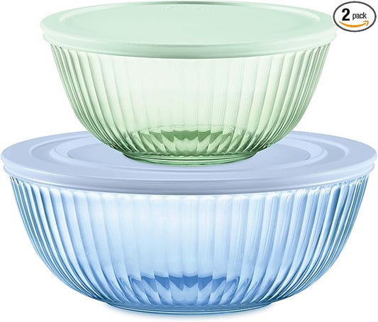 Pyrex Colors (2-Pack) Sculpted Tinted Medium/Large Glass Mixing Bowls With Plastic Lids, Nesting Space Saving Set of Bowls For Prepping and Baking, 2.3QT & 4.5QT by Pyrex