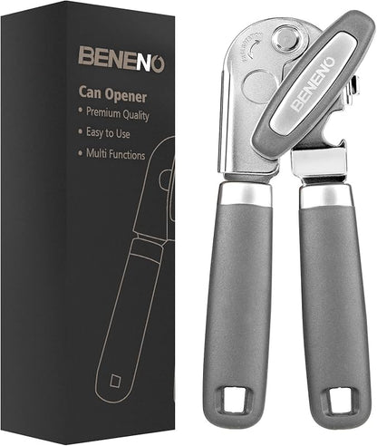 Beneno Heavy Duty Hand Can Opener Manual with Magnet, Durable Sharp Carbon Steel Blade Smooth Cutting, Big Effort-Saving Knob & Soft Grip Handle, Multifunctional Kitchen Tool with Bottle Opener, Gray by Beneno