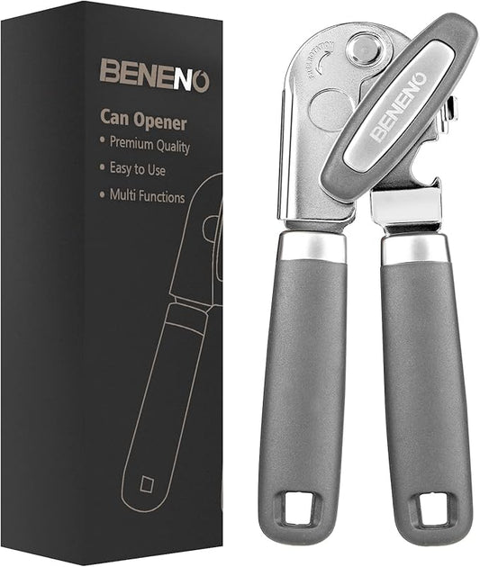 Beneno Heavy Duty Hand Can Opener Manual with Magnet, Durable Sharp Carbon Steel Blade Smooth Cutting, Big Effort-Saving Knob & Soft Grip Handle, Multifunctional Kitchen Tool with Bottle Opener, Gray by Beneno