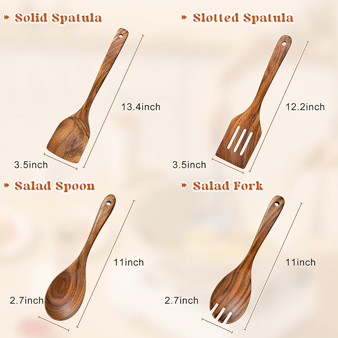 4Pcs Wooden Spoons for Cooking, Acacia Wood Kitchen Utensils Set for Nonstick Pans, Smooth Finish Cooking Utensils with Long Handle, Wooden Spatula for Cooking, Mixing, Baking - Image 6
