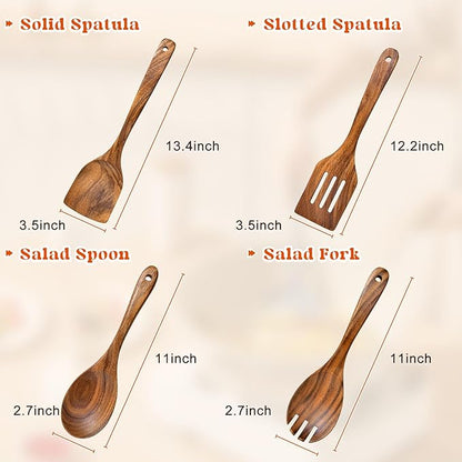 4Pcs Wooden Spoons for Cooking, Acacia Wood Kitchen Utensils Set for Nonstick Pans, Smooth Finish Cooking Utensils with Long Handle, Wooden Spatula for Cooking, Mixing, Baking - Image 6