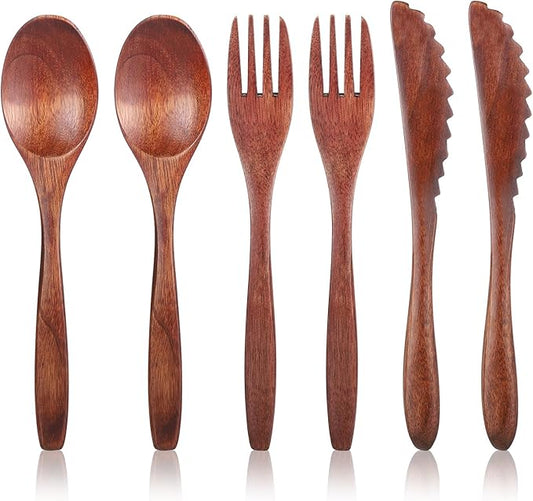 6 Pcs Wooden Utensils for Eating, Wooden Spoon Fork Cutlery Set Kitchen Wood Dinner Flatware Tableware Reusable Wood Spoon, Wooden Forks,Wooden Scraper for Travel and Camping by Unknown