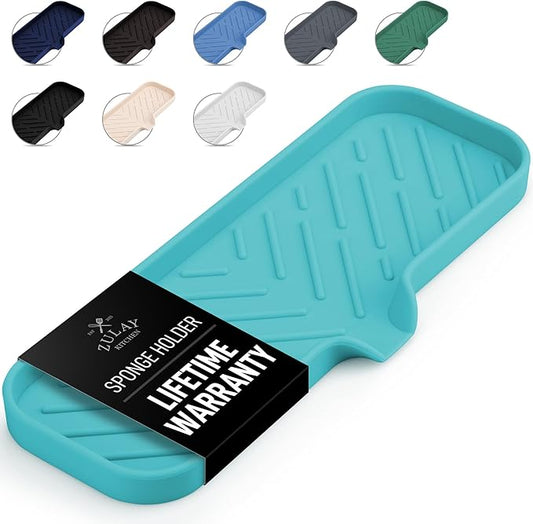 Zulay Kitchen Large Silicone Sponge Holder (12x4) – Flexible Sink Organizer Tray for Kitchen & Bathroom – Multipurpose Soap Dish for Sponges, Makeup, Trinkets & More (Aqua Sky) by ZulayKitchen