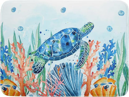 Giwawa Sea Turtle Dish Drying Mat 18x24in Watercolor Blue Tortoise Dish Drainer Mats Nautical Ocean Coral Seashell Seaweed Microfiber Dish Drying Pad for Kitchen Countertop Large Decor