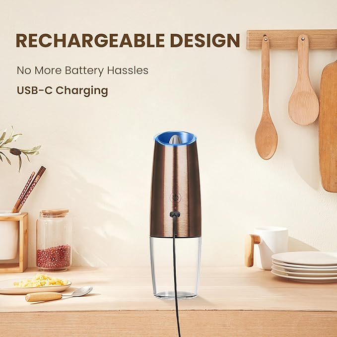 Rechargeable Electric Salt And Pepper Grinder Set, Automatic Gravity Electric Salt And Pepper Grinder Set, Adjustable Roughness, Led Light, 2 Pack, (Copper) - Image 2