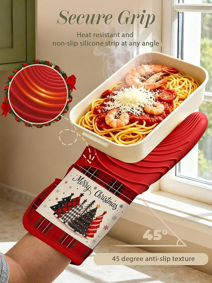 Slohif Long Silicone Oven Mitts Heat Resistant for Women - 2 Pcs Christmas Tree 100% Cotton Oven Gloves, Non-Slip and Waterproof Silicone Oven Mitts with Hanger for Baking and Cooking