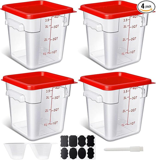 4 Pack 4QT Food Storage Containers with Red Lids, Clear Square Restaurant Commercial Food Storage Containers with Handle and Scale, Marinating Container Dough Rising Bucket for Home & Dining