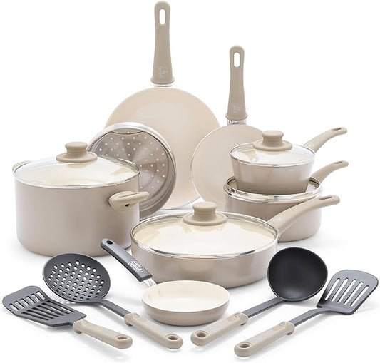 GreenLife 16 Piece Nonstick Cookware Set, Soft Grip Non-Toxic PFAS-Free Ceramic Pots & Pans, Dishwasher & Oven Safe, Frying, Sauce, Saute, Utensils, Glass Lids, Stay-Cool Handles, Wobble Free, Taupe by GreenLife