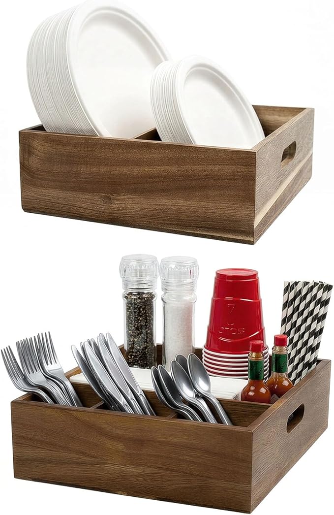 Acacia Wood Utensil Holder for Party (Set of 2) - 11" x 9.5" Utensil Caddy for Parties & Silverware Caddy for Countertop - Holds Plates, Napkins, Cups, Spoons, Forks - Kitchen Accessories by AMBERIMPRINT