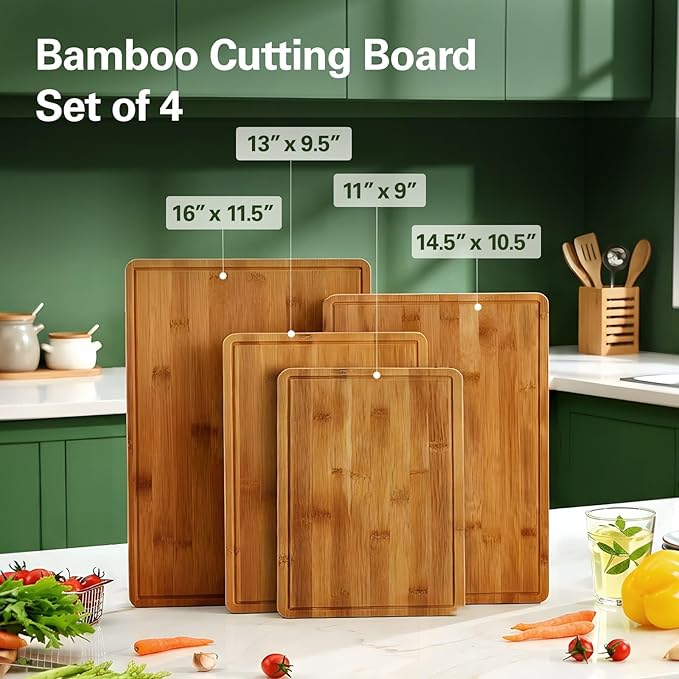 Zarler Bamboo Cutting Boards for Kitchen, 4 Piece Durable Wood Cutting Board with Juice Grooves and Handles, Wooden Chopping Board Set for Meal Prep, 500℉ Carbonized Bamboo, Ideal Kitchen Gift - Image 5