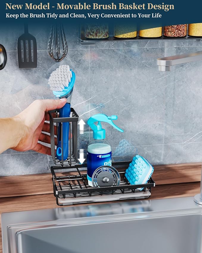 Consumest Sponge Holder for Kitchen Sink - Kitchen Sink Caddy Organizer with Removable Drip Tray for Countertop Dish Soap Dispenser Brush Storage Accessories 304 Stainless Steel - Black - Image 2