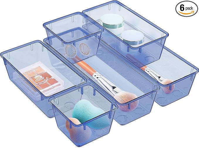 WOWBOX 6 Pack Clear Drawer Organizer Set, Acrylic Drawer Storage Trays, Storage Bins for Makeup, Cosmetics, Jewelries, Utensils, Gadgets, Office, Dark Blue by WOWBOX