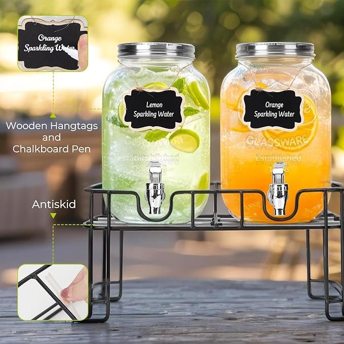 DHSBTLS 1 Gallon Glass Drink Dispensers, 2 Pack Clear Beverage Dispenser for Party, BBQ and Picnic, Juice Dispenser with Ice Core, Black Stand, Spigot, Markers and Chalkboard
