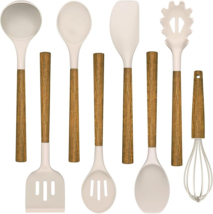 Silicone Cooking Utensil Set,Umite Chef 8-Piece Kitchen Utensils Set with Natural Acacia Wooden Handles, Silicone Kitchen Gadgets and Spatula Set for Nonstick Cookware - Khaki by UmiteChef