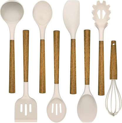 Silicone Cooking Utensil Set,Umite Chef 8-Piece Kitchen Utensils Set with Natural Acacia Wooden Handles, Silicone Kitchen Gadgets and Spatula Set for Nonstick Cookware - Khaki by UmiteChef