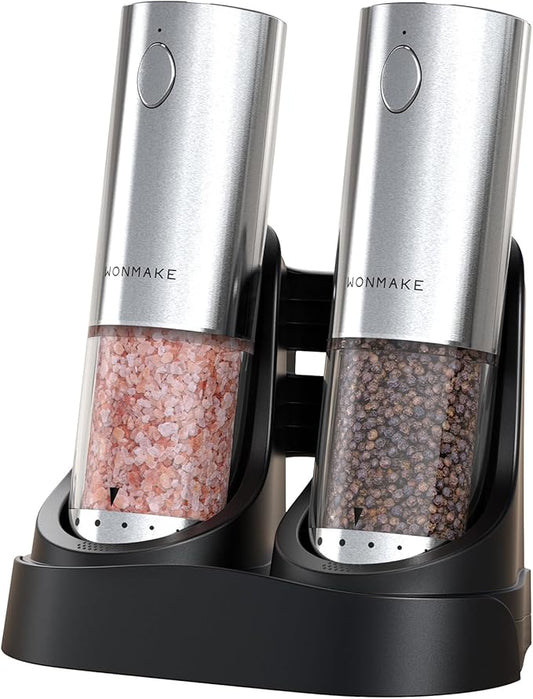 Electric Salt and Pepper Grinder Set - Automatic Refillable Salt and Pepper Grinders with Charging Base & LED Light, 6-Level Adjustable Coarseness with External Dial, Ideal Kitchen Gadget，Silver by WONMAKE