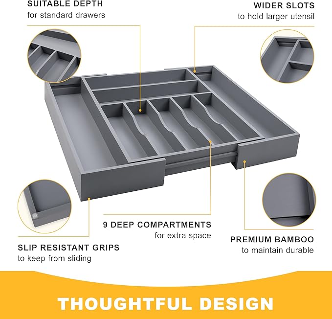 Large Premium Bamboo Silverware Organizer - Expandable Drawer Organizer & Utensil Organizer - 17"x19.7" Cutlery Tray with Dividers for Kitchen Utensils and Flatware (7-9 Slots) (Grey) - Image 5