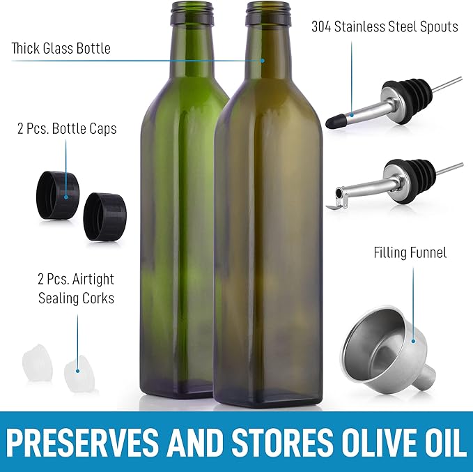 Zulay Kitchen (2 pack 17oz Olive Oil Dispenser Bottle For Kitchen - With 2 Spouts, 2 Removable Corks, 2 Caps, & 1 Funnel - Oil Bottle For Kitchen & Storing Liquids - Image 2