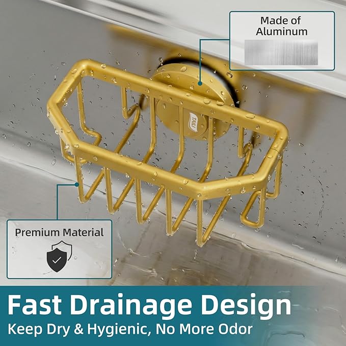 TAILI Sponge Holder for Kitchen Sink with Strong Suction Cup Removable, Rustproof Aluminum Sink Caddy for Sponge, Brush, Scrubber, Scraper -Gold - Image 4