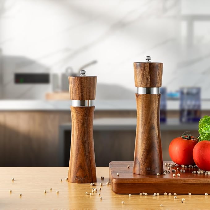 Pepper Grinder,Wood Salt and Pepper Grinder Mills Sets, Acacia Wood Manual Salt Grinder Refillable Pepper Mill Sets with Adjustable Ceramic Grinding Rotor - 8 Inch-Set of 2