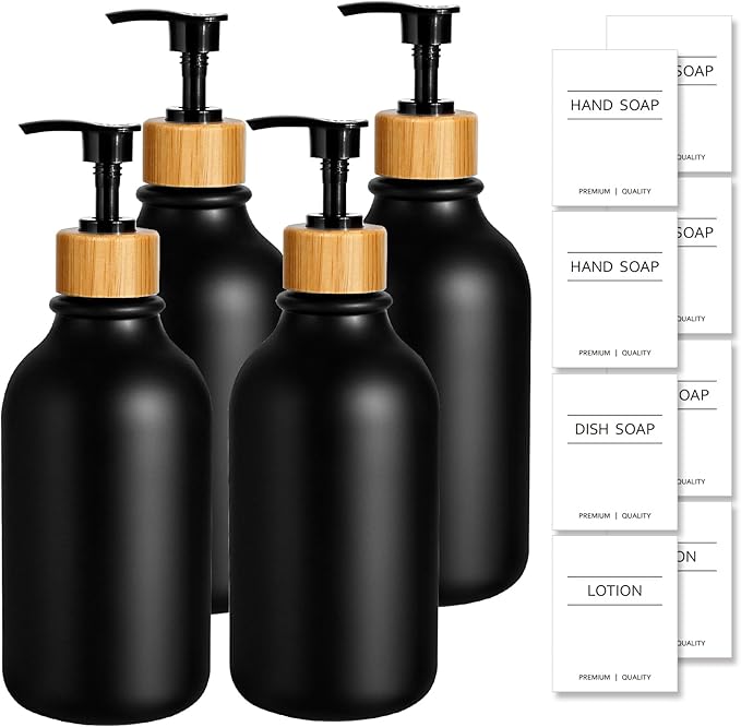 KASUNTING Black Soap Dispenser, 4 Pack Hand Soap Dispenser Bathroom with Bamboo Pump,17 Fl Oz Plastic Hand and Dish Dispenser Set for Kitchen, Refillable Liquid Soap and Lotion Dispensers Bottle by ALPIRIRAL