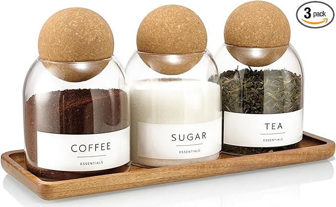 Glass Jars with Cork Lids, 3 Pack Small Decorative Jars with Acacia Tray, Bathroom Qtip and Cotton Ball Holder Set, Cute Coffee Bar Containers for Sugar Candy Tea, Apothecary Jars (17oz) by GENSTEUO