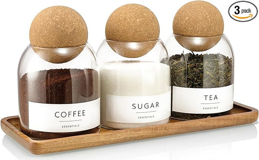 Glass Jars with Cork Lids, 3 Pack Small Decorative Jars with Acacia Tray, Bathroom Qtip and Cotton Ball Holder Set, Cute Coffee Bar Containers for Sugar Candy Tea, Apothecary Jars (17oz) by GENSTEUO