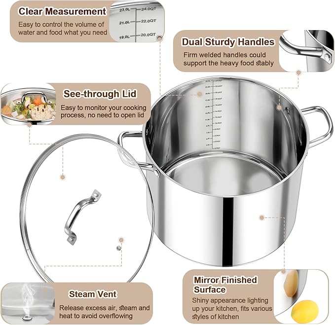 P&P CHEF 24 QT Stock Pot with Lid, Stainless Steel Large Cooking Pot, Soup Canning Stockpot for Stewing Simmering, Tri-ply Bottom for All Stoves, Heavy-Duty &Dishwasher Safe & Food-Grade - Image 3