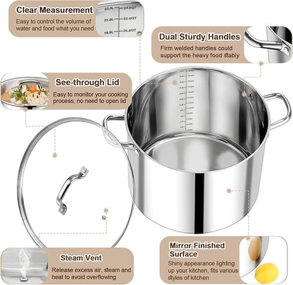 P&P CHEF 24 QT Stock Pot with Lid, Stainless Steel Large Cooking Pot, Soup Canning Stockpot for Stewing Simmering, Tri-ply Bottom for All Stoves, Heavy-Duty &Dishwasher Safe & Food-Grade - Image 3