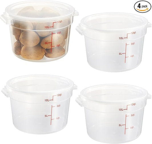 CURTA 12 Quart Translucent Round Food Storage Container with Lid, Pack of 4 – NSF Listed, BPA-Free, Commercial-Grade Polypropylene, Freezer & Dishwasher Safe, Non-Stick, Easy-Read Graduations