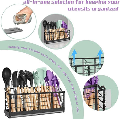Large Kitchen Utensil Holder with Diatomite Base – Wall-Mountable Utensil Caddy with 4 Compartments – Fast-Drying Matte Black Utensil Organizer for Kitchen Countertop or Wall - Image 7